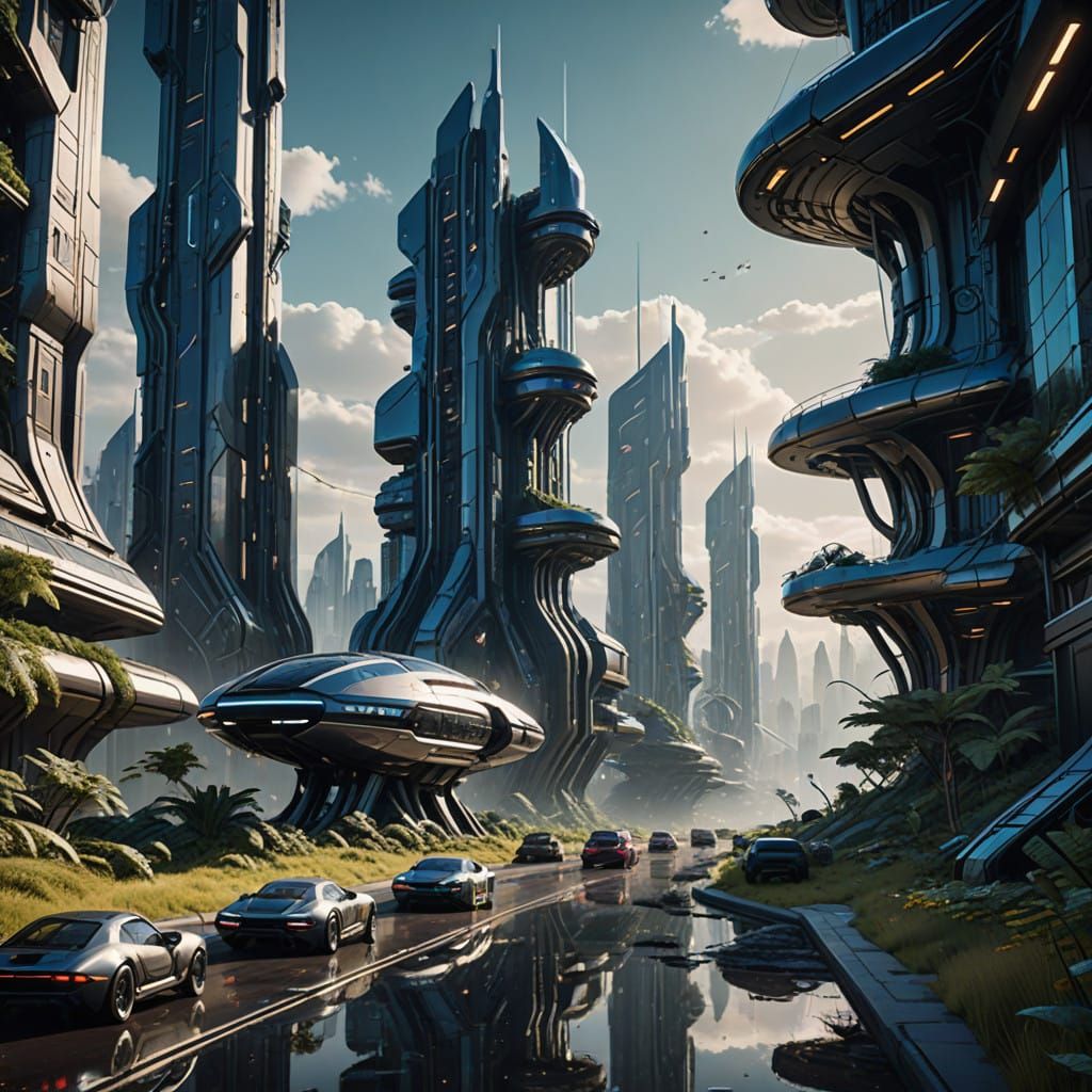 Sleek, Futuristic Metropolis at Dawn