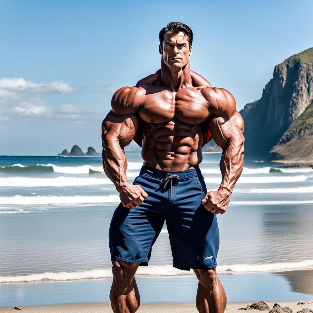 Superman standing on a beach