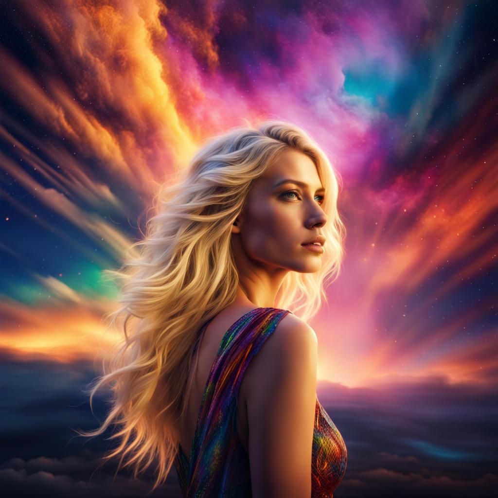 Beautiful Woman with Blonde Hair in Colorful Aura