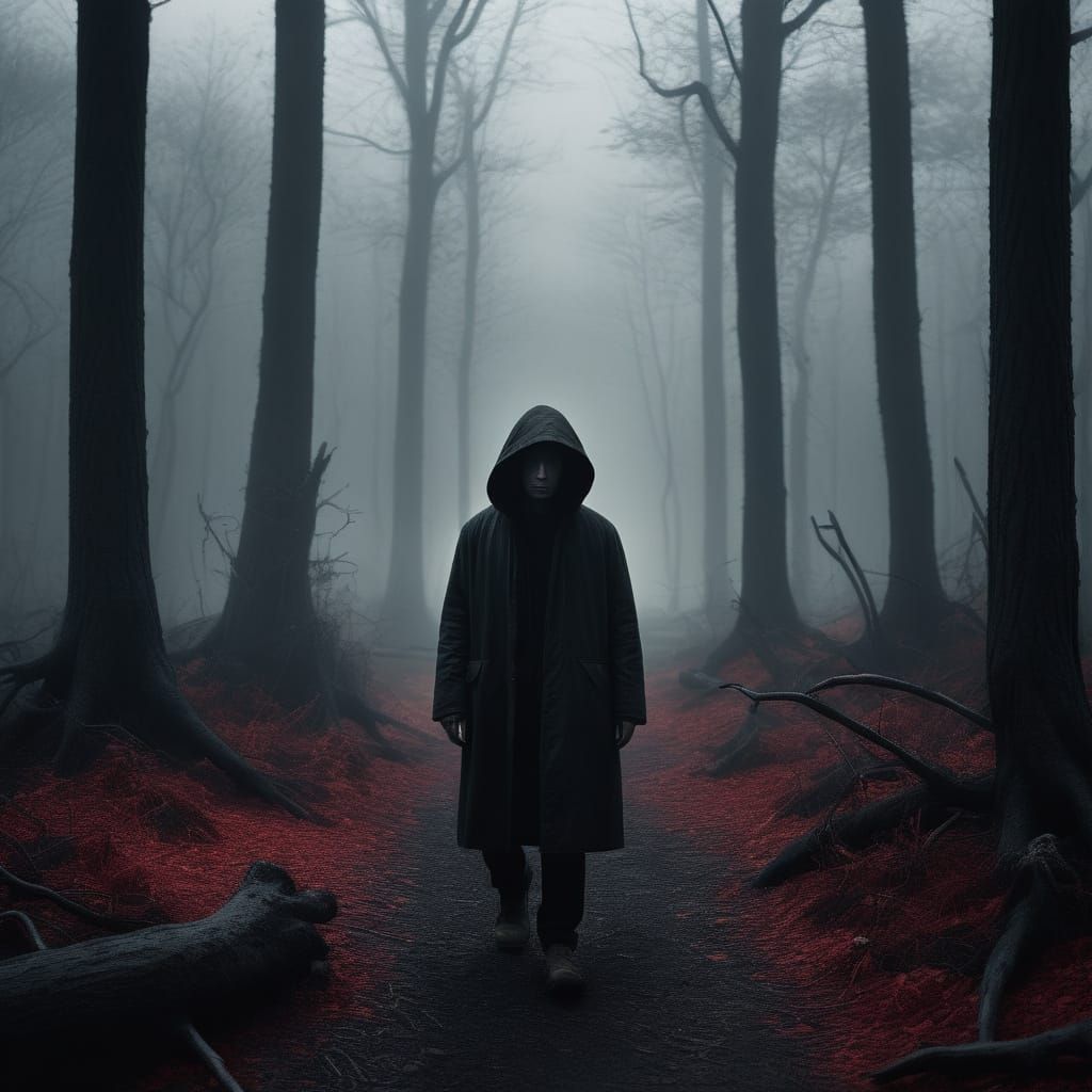Timid Boy Walks Through Dark, Red-Glowing Woods at Night