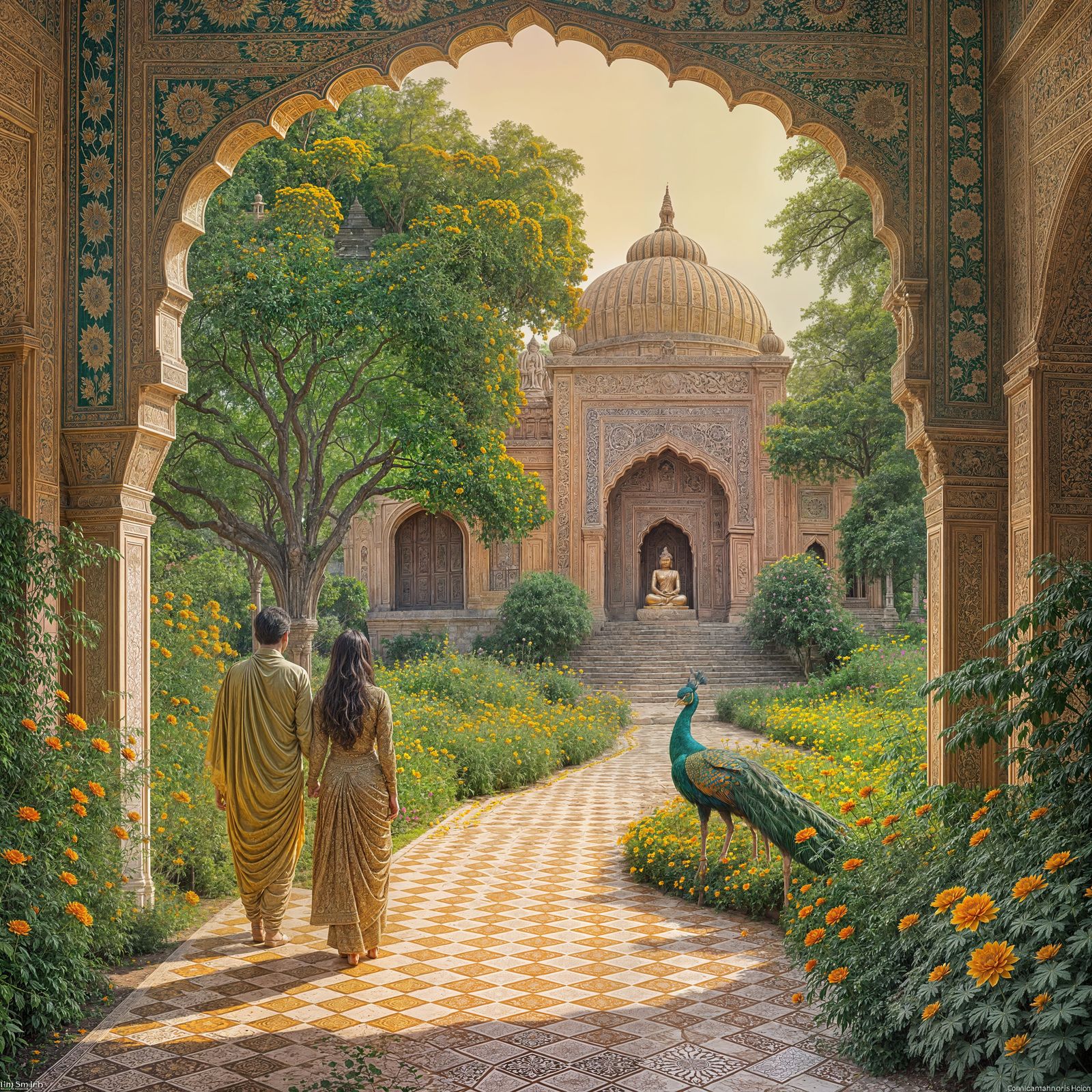 Ancient Indian Palace Garden in Vibrant Colors