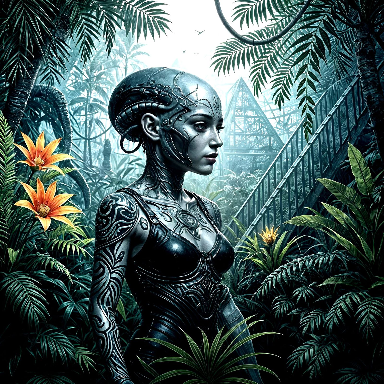 Hyperrealistic Alien Jungle with Pyramids Concept Art