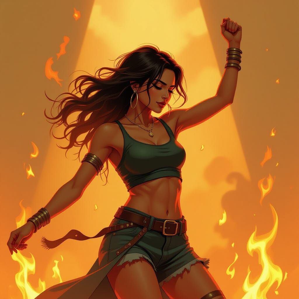 Woman Dancing in Golden Light and Flames