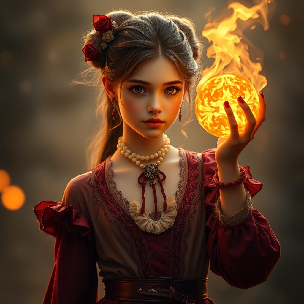 Elegant Woman Holds Fireball, Golden Lighting