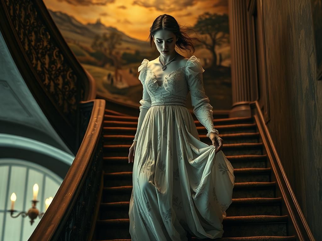 Ethereal Ghost Descends Staircase in Surreal Oil Painting