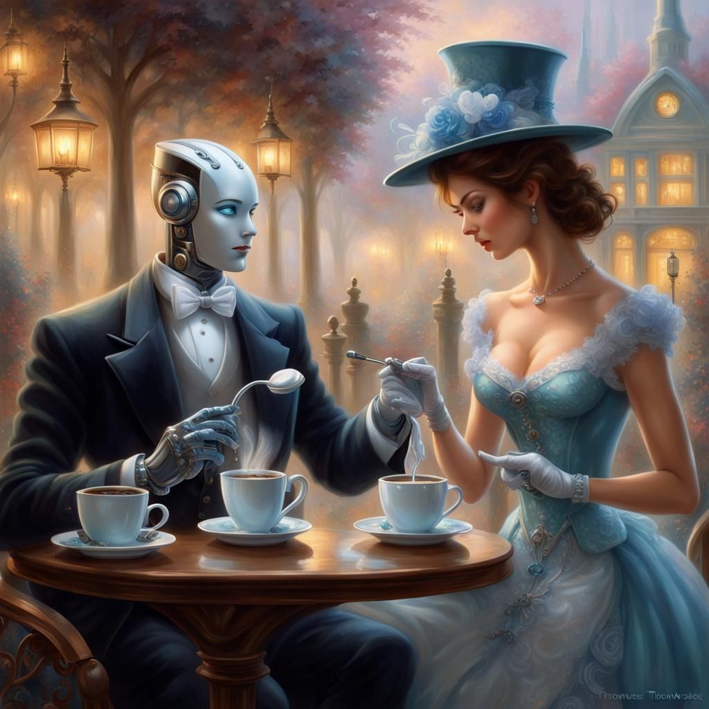 Robot Butler Serves Coffee in Ethereal Fantasy Style