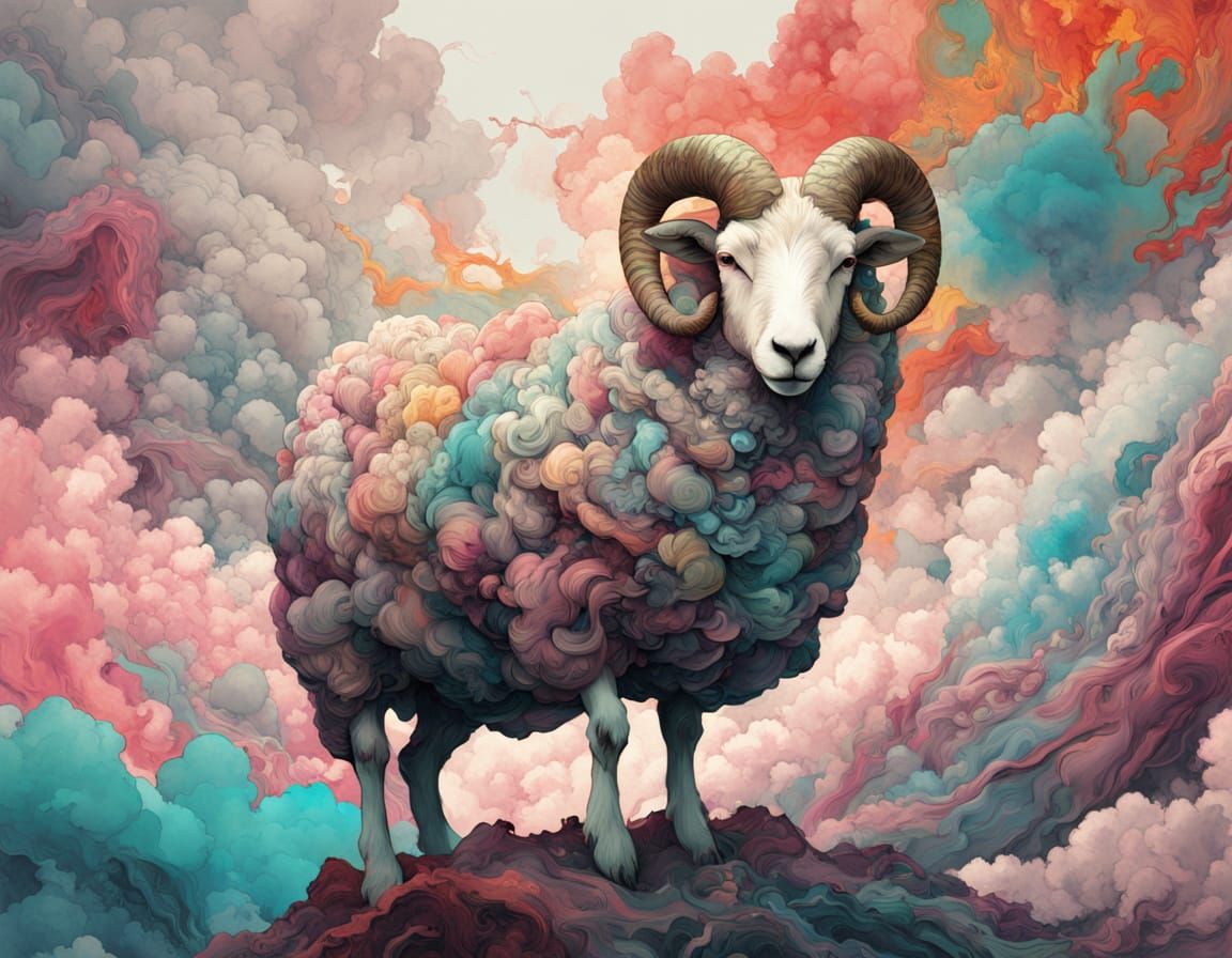 Whimsical Sheep in a Kaleidoscope of Clouds