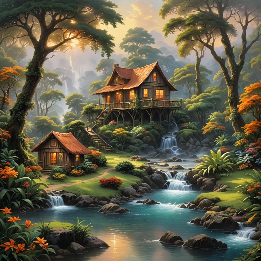 Idyllic Panama Landscape with Cabin in Fantasy Style