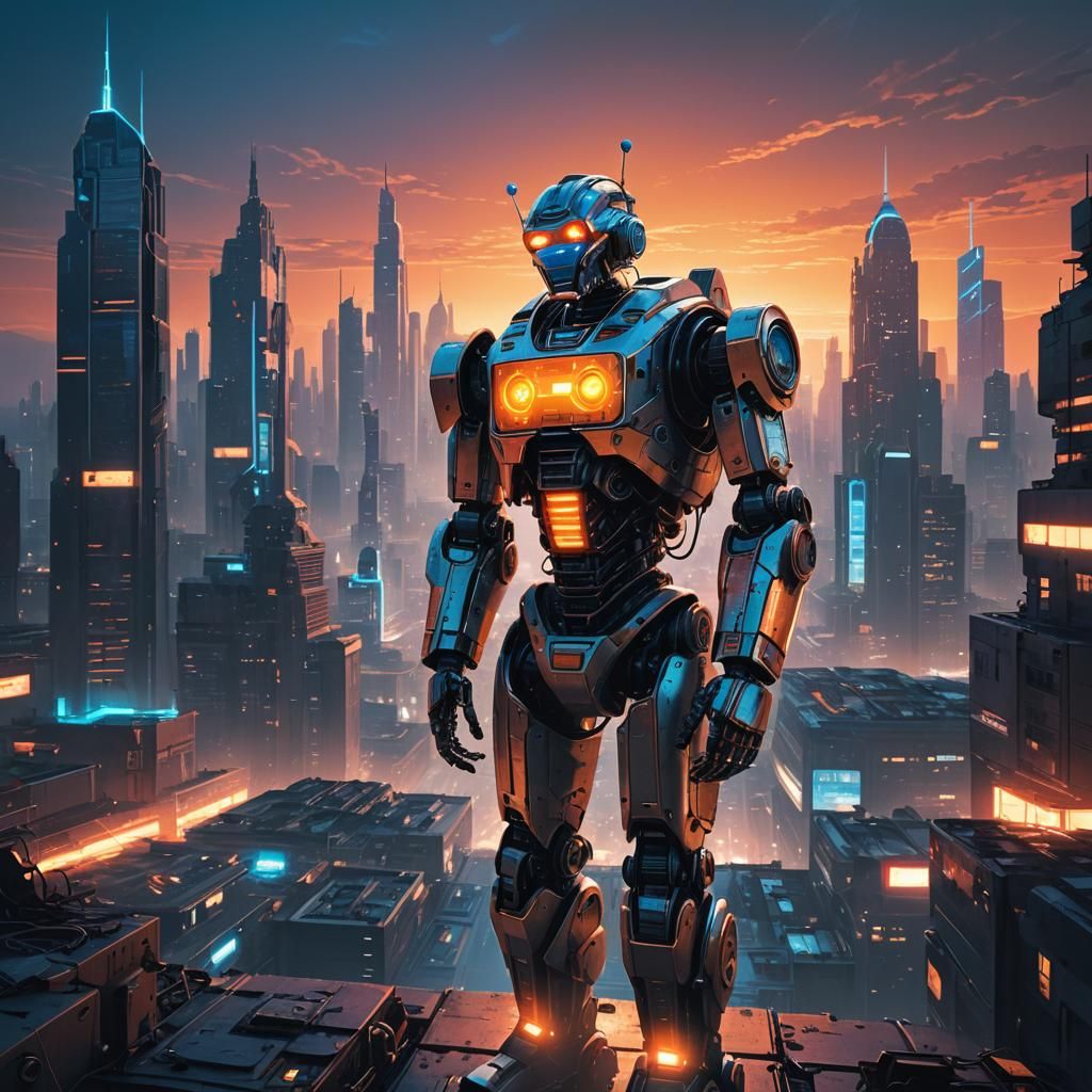 Retro-Futuristic Robot in Neon Cityscape