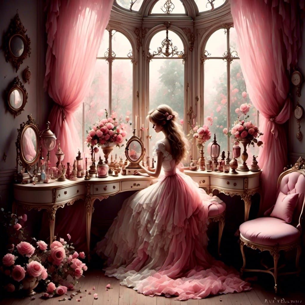 Girl at Vintage Vanity Table in Watercolor Style