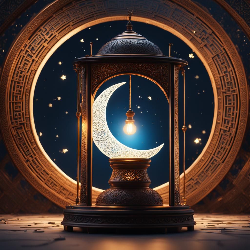 Minimalist Ramadan Lamp and Moon Digital Painting