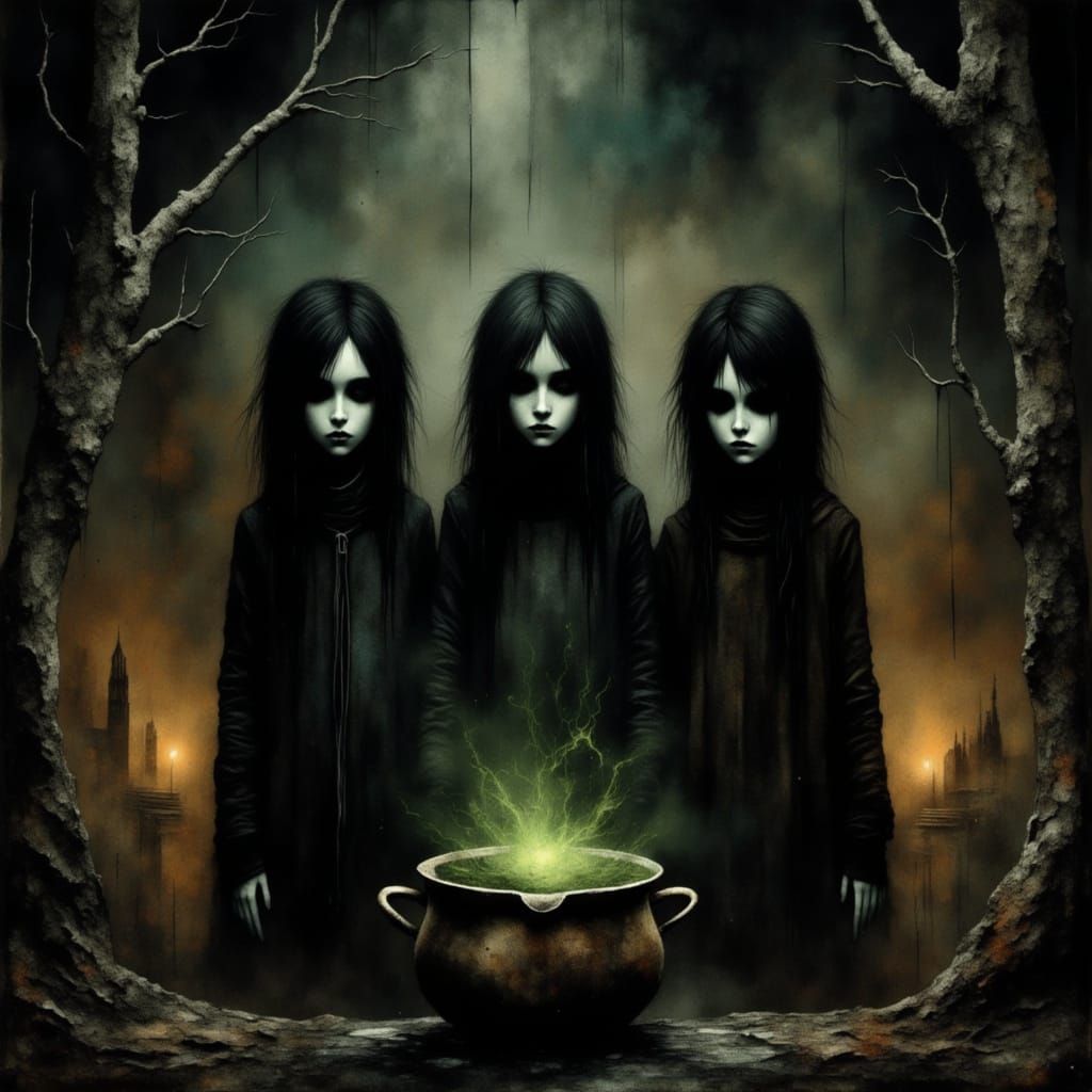 Three Witches Brew Potion in Dark Renaissance Style