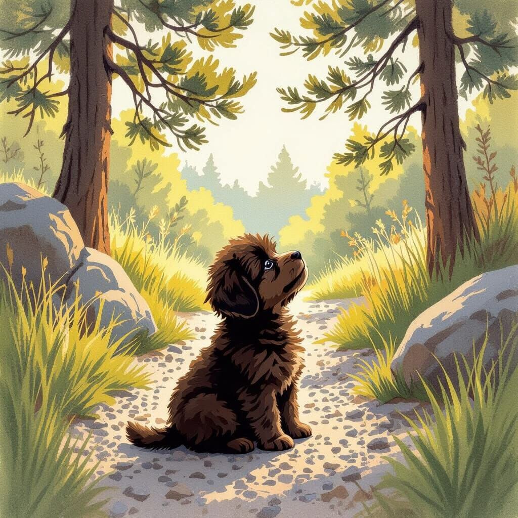 Fluffy Puppy in a Sunny Garden, Illustrative Style
