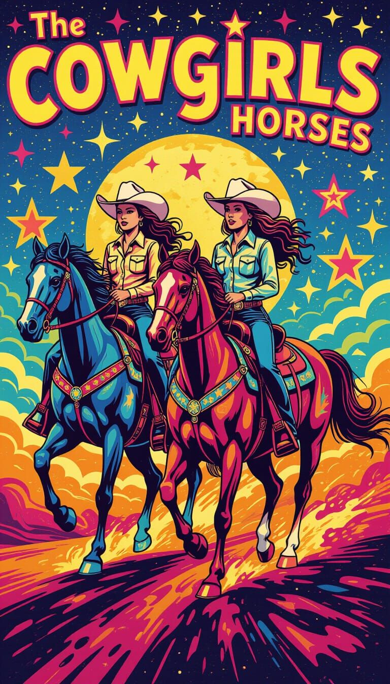 Cosmic Cowgirls Ride Horses Among Psychedelic Stars