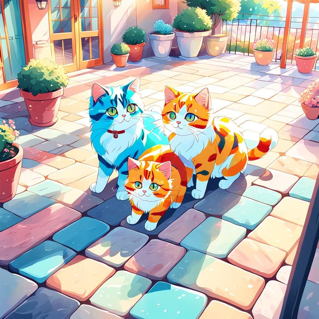 Colorful Cats Playing: Anime Style Digital Art