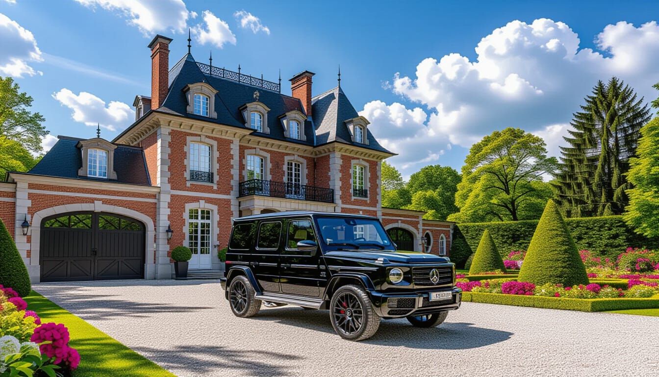 Grand Brick Chateau with Luxury Car in Monet Style
