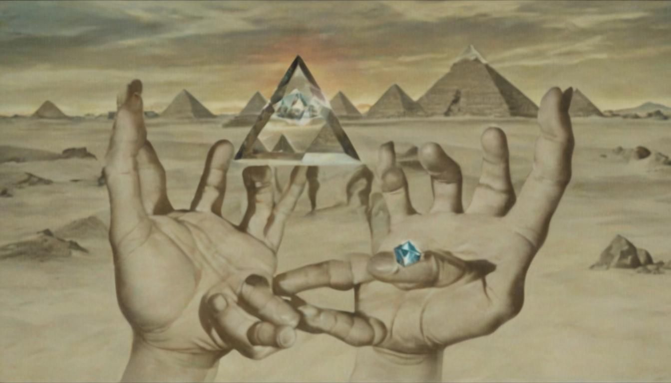Surreal Ancient Hands Holding Crystal near Pyramids