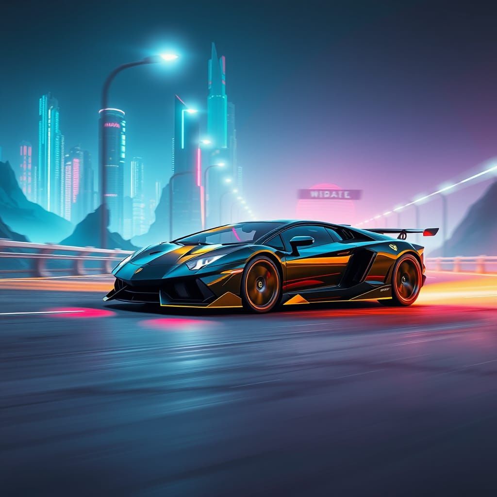 Luxury Car Speeds Down Futuristic Highway