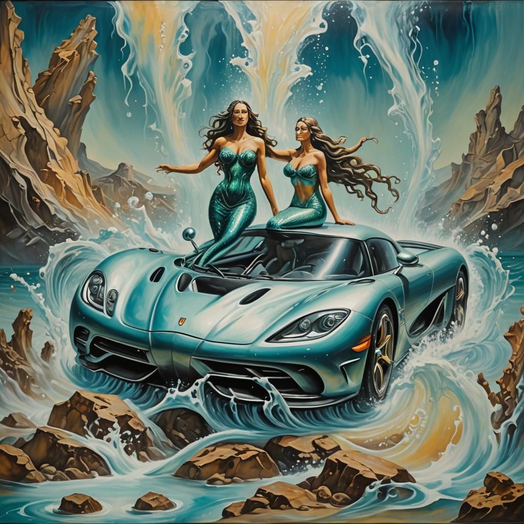 Underwater Koenigsegg with Mermaid in Surrealist Style
