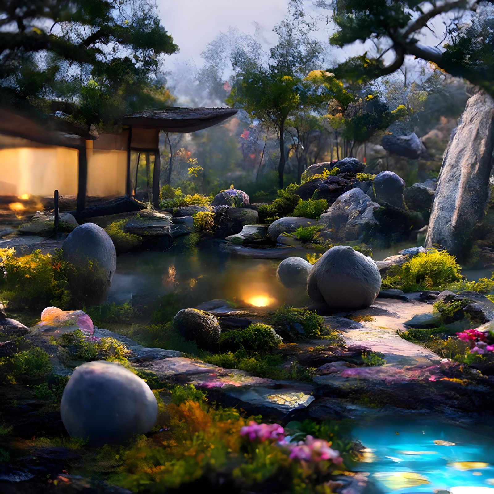 Hyperdetailed Zen Garden with Ethereal Lights