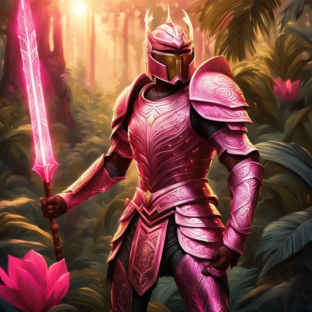A tall, powerful Amazon warrior with pink metallic armor etc...