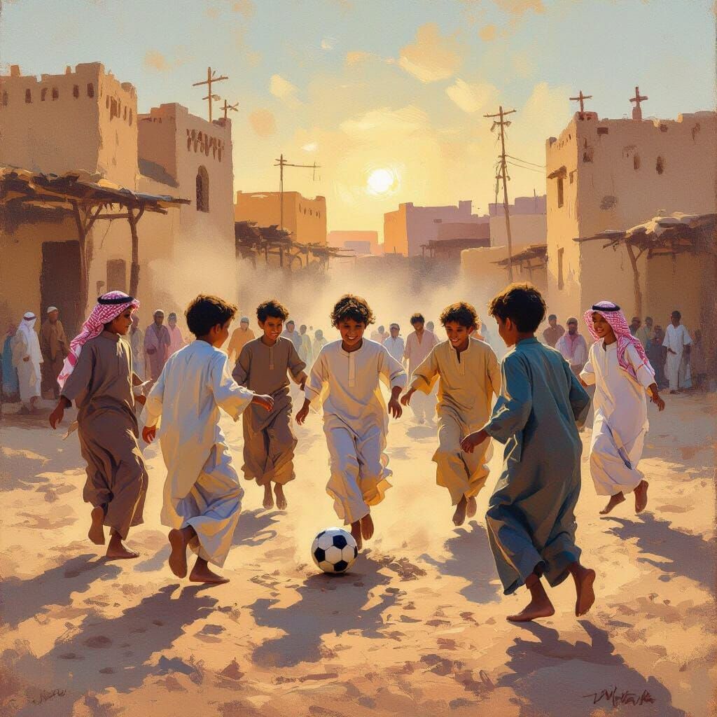 Boys Play Football in Saudi Village Square at Dusk