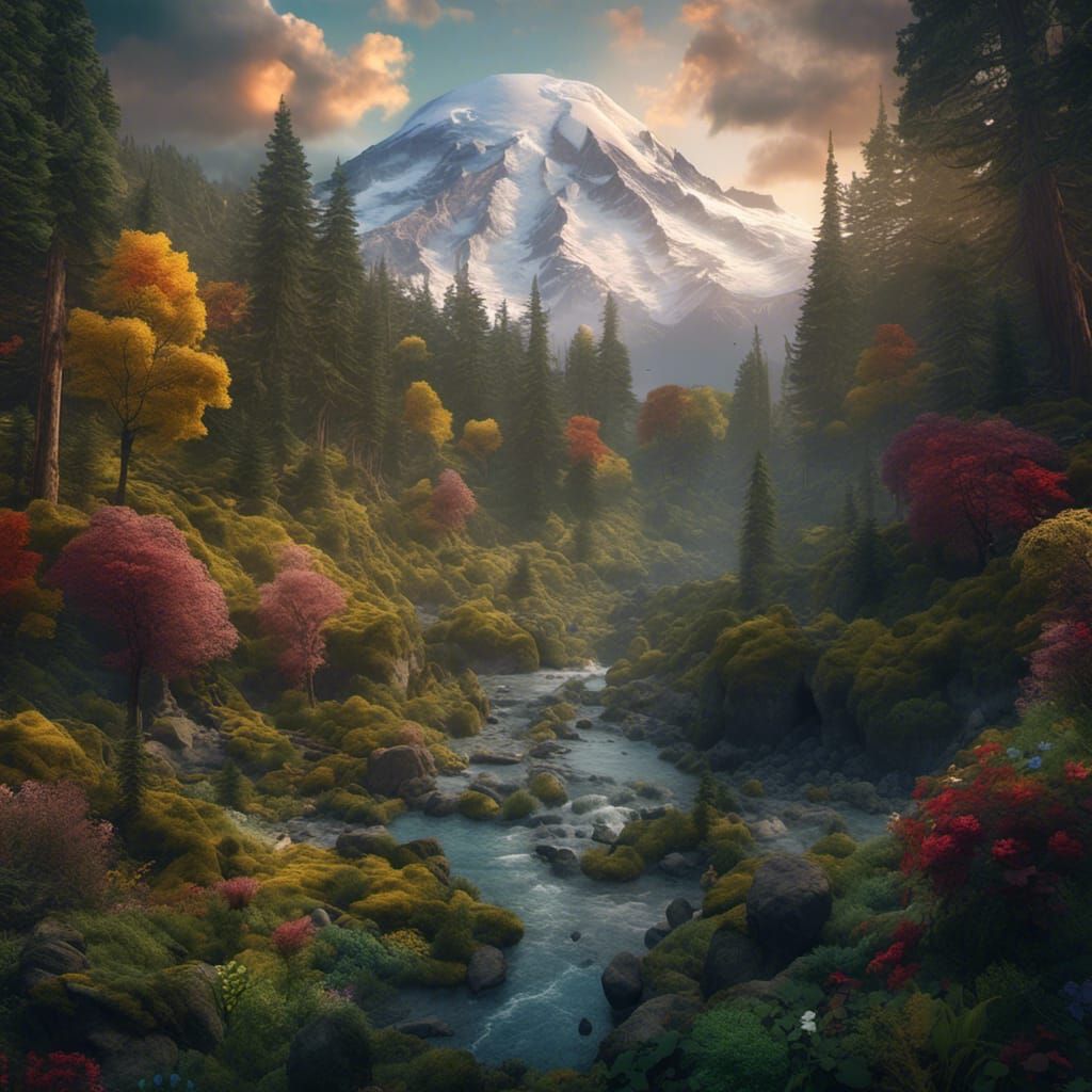 Hyperrealistic Mount Rainier Landscape with Elk