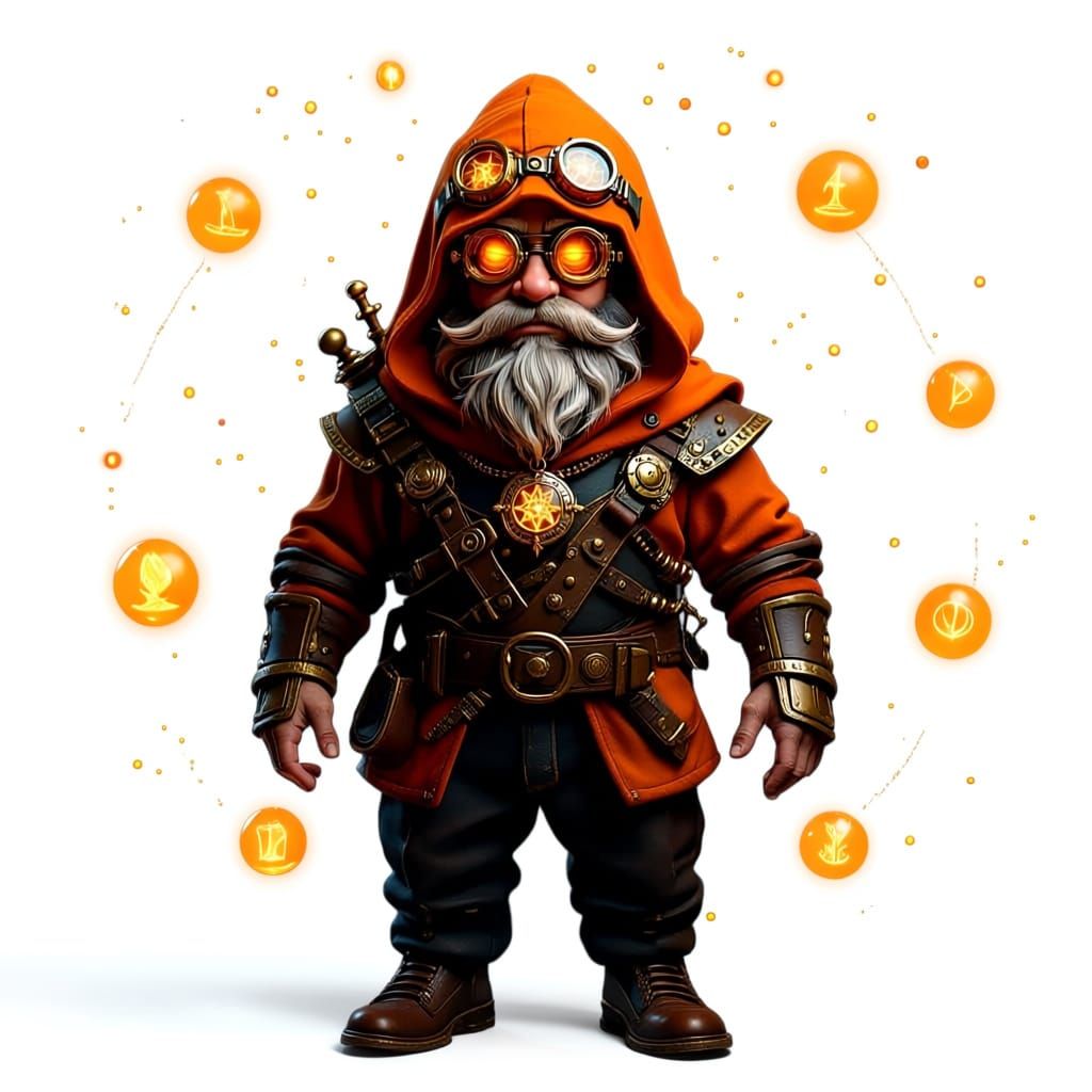 Steampunk Gnome Guardian with Orange Hood and Goggles