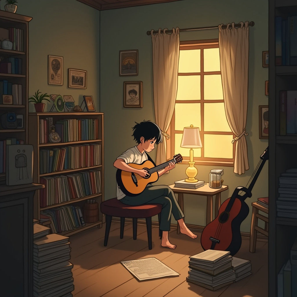 Cozy Lofi Room with Guitar, Miyazaki-Inspired