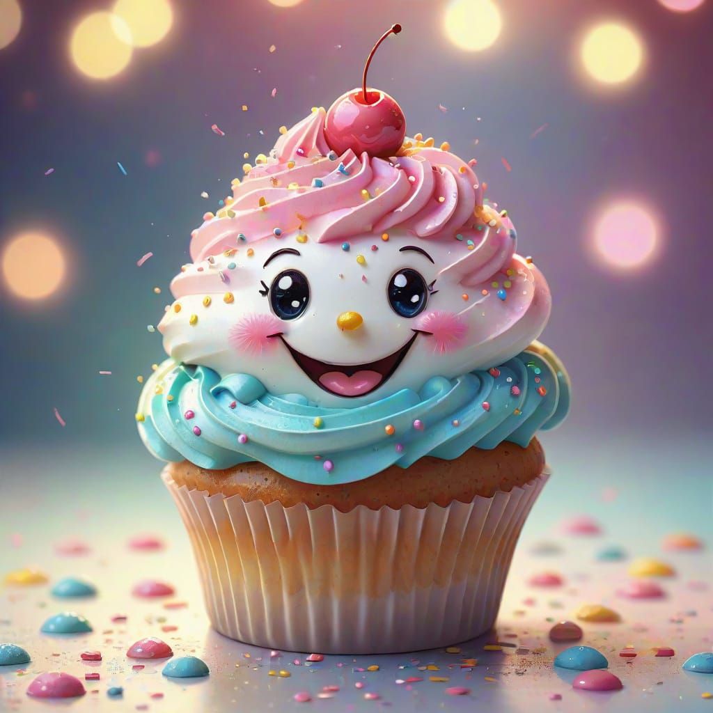 Happy Cupcake with Sparkles: Whimsical 3D Rendering
