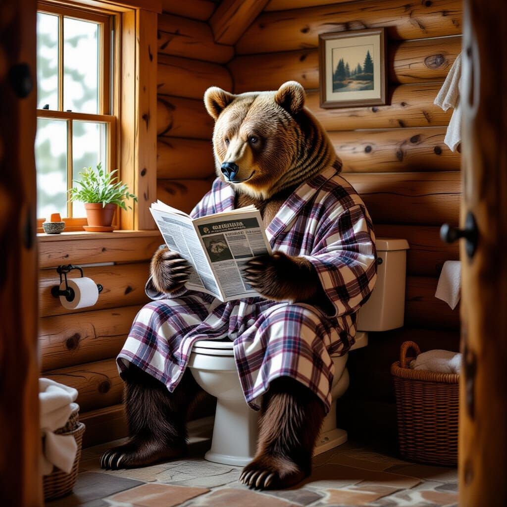 Grizzly Bear Reads Newspaper on Toilet in Rustic Cabin