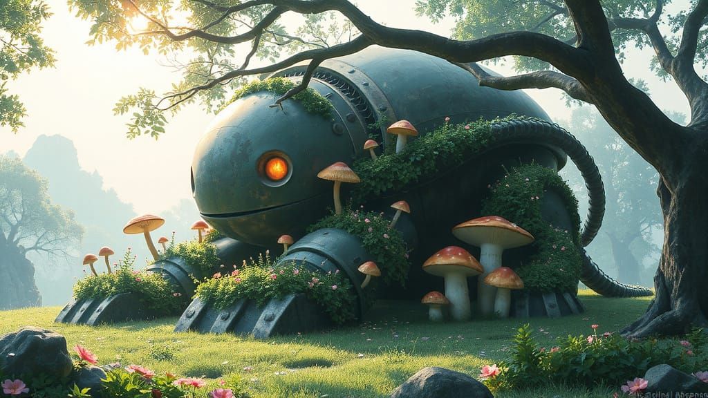 Ancient Robot in Sunlit Glade, Ghibli Style