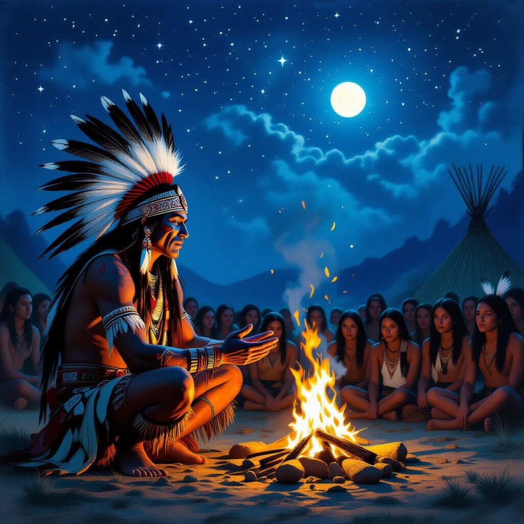 Mystical Tribal Ritual Under Starry Night Sky