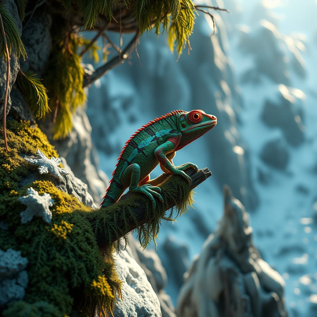 Clay Iguana in Jungle, Jugendstil Digital Matte Painting