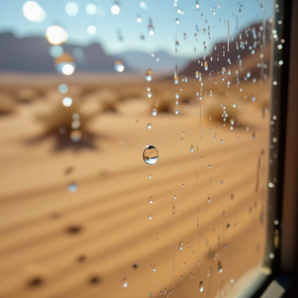 Water Droplet on Window: Photorealistic Desert View