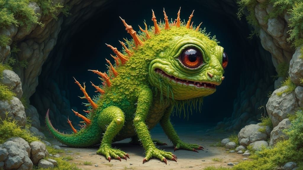 One-Eyed Monster Surrounded by Mossy, Lichenous Cloak in Dar...