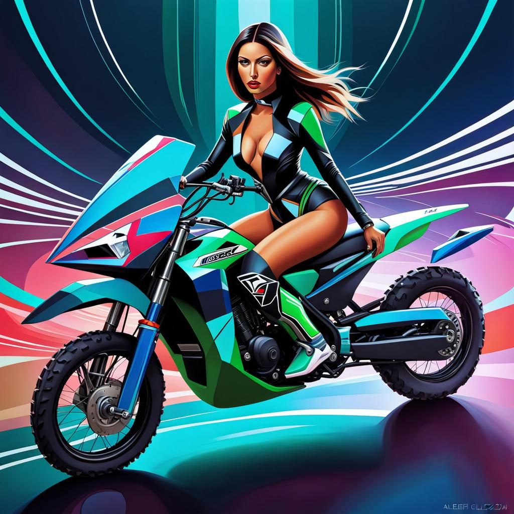 Turtle-Headed Woman on Futuristic Bike in Cubist Style