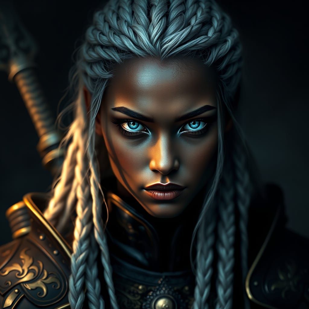 Regal Dark Skinned Warrior in Intricate Gold Armor