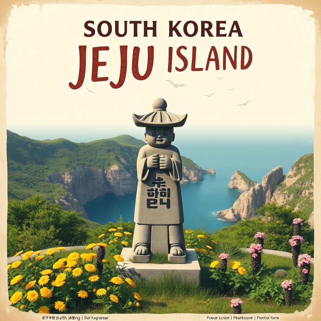Jeju Island Vintage Travel Poster with Stone Statue