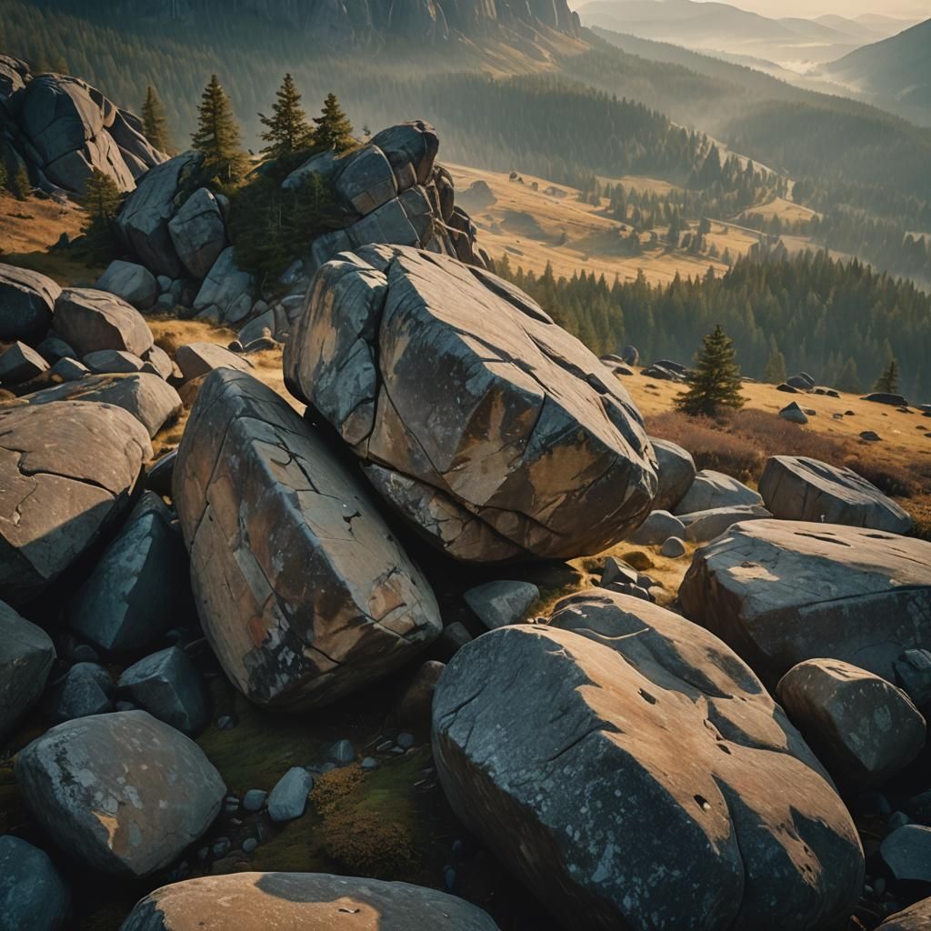 Ethereal Boulder in Misty Landscape: Ansel Adams Style