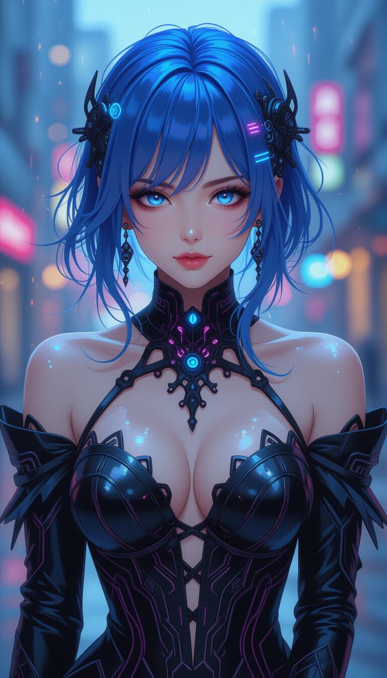 Cyberpunk Anime Goddess in Futuristic Cityscape