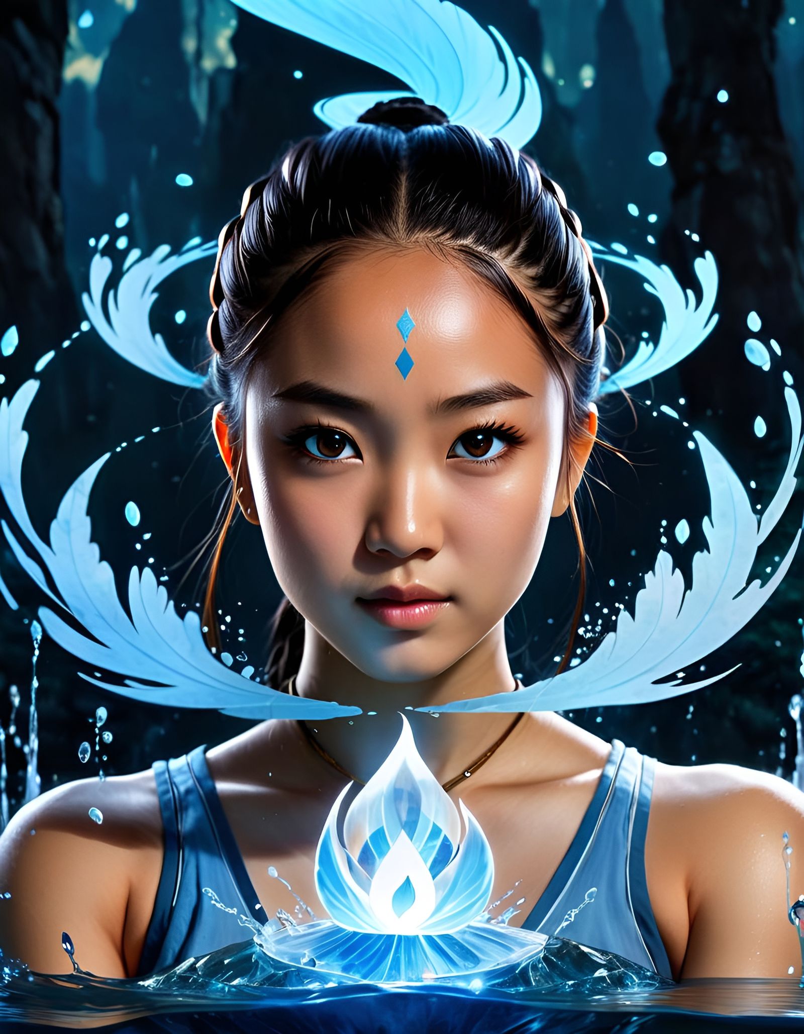 Anime Waterbender Goddess Portrait in Watercolor Style