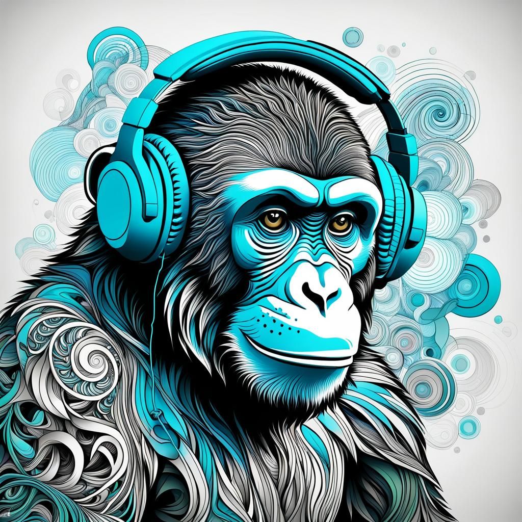 Dancing Monkey with Headphones in Abstract Style