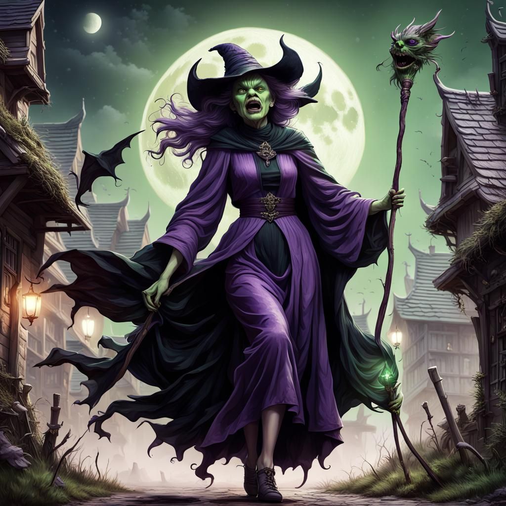 Grotesque Witch Flying Before the Moon