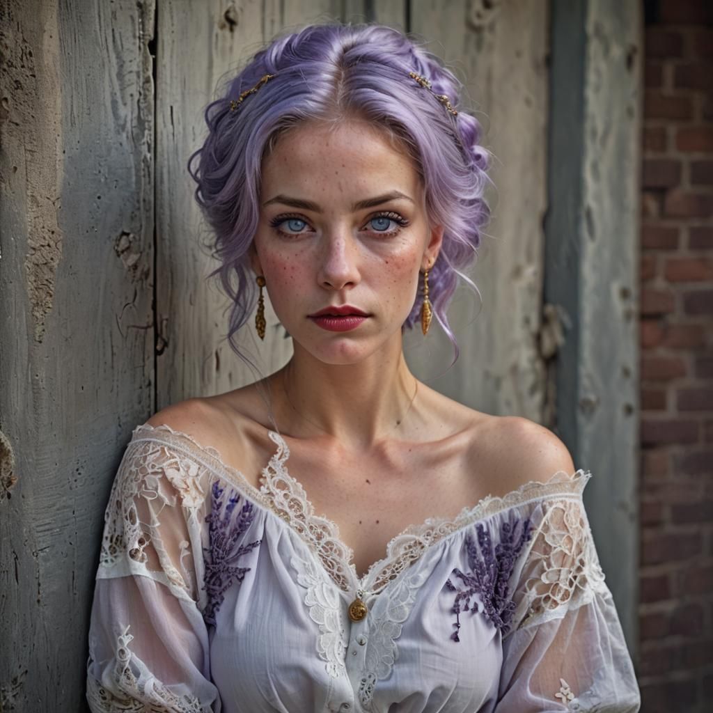 Hyperrealistic Portrait of an Elderly Woman with Lavender Ha...