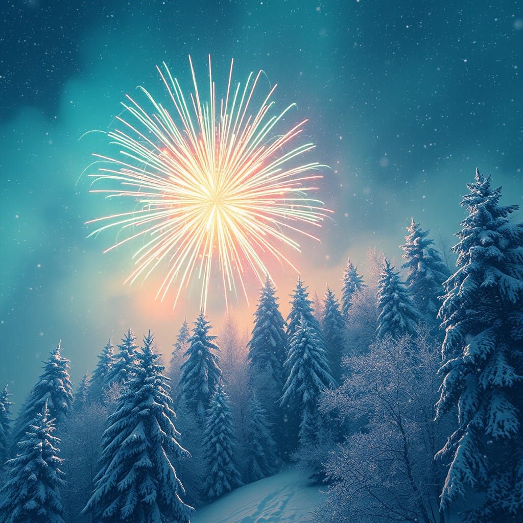 Epic Snowy Fireworks Spectacle in Vibrant Hues