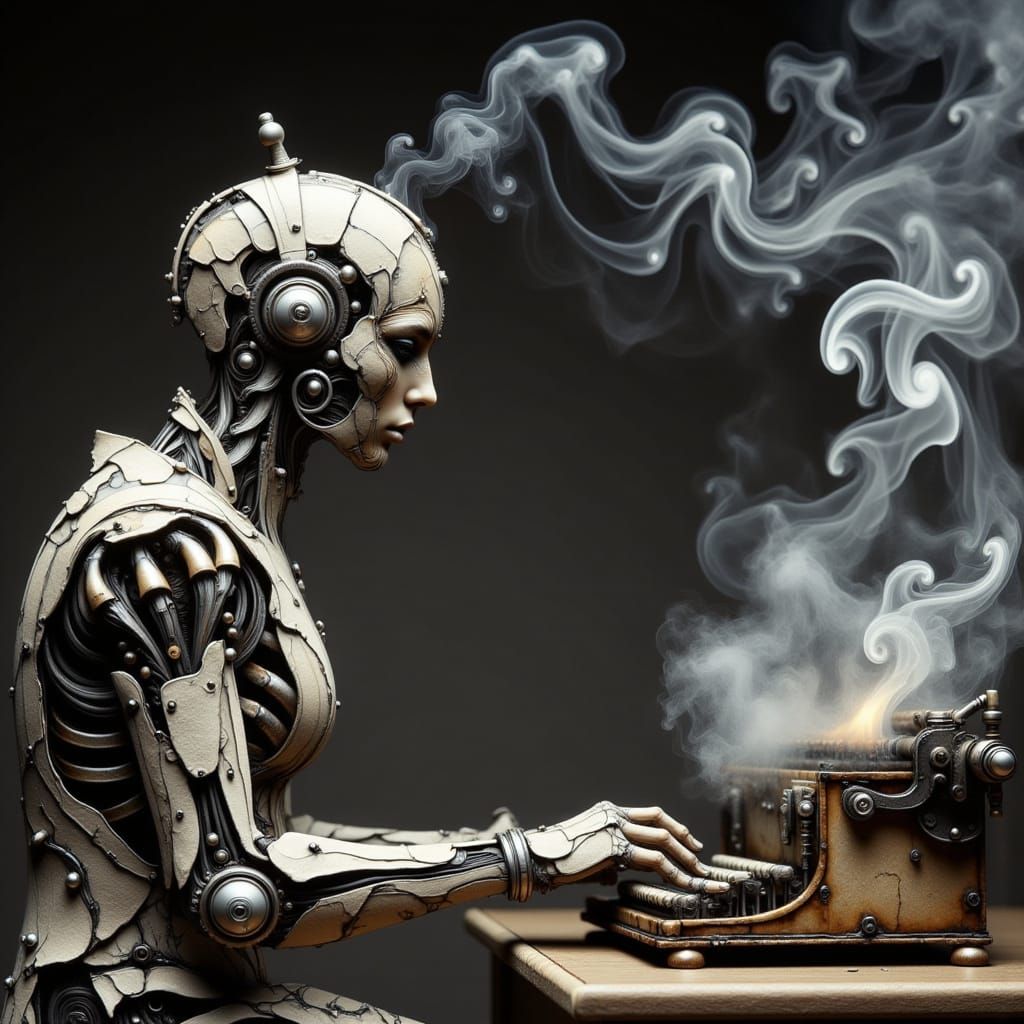 Cyborg Writer Amidst Industrial Smog