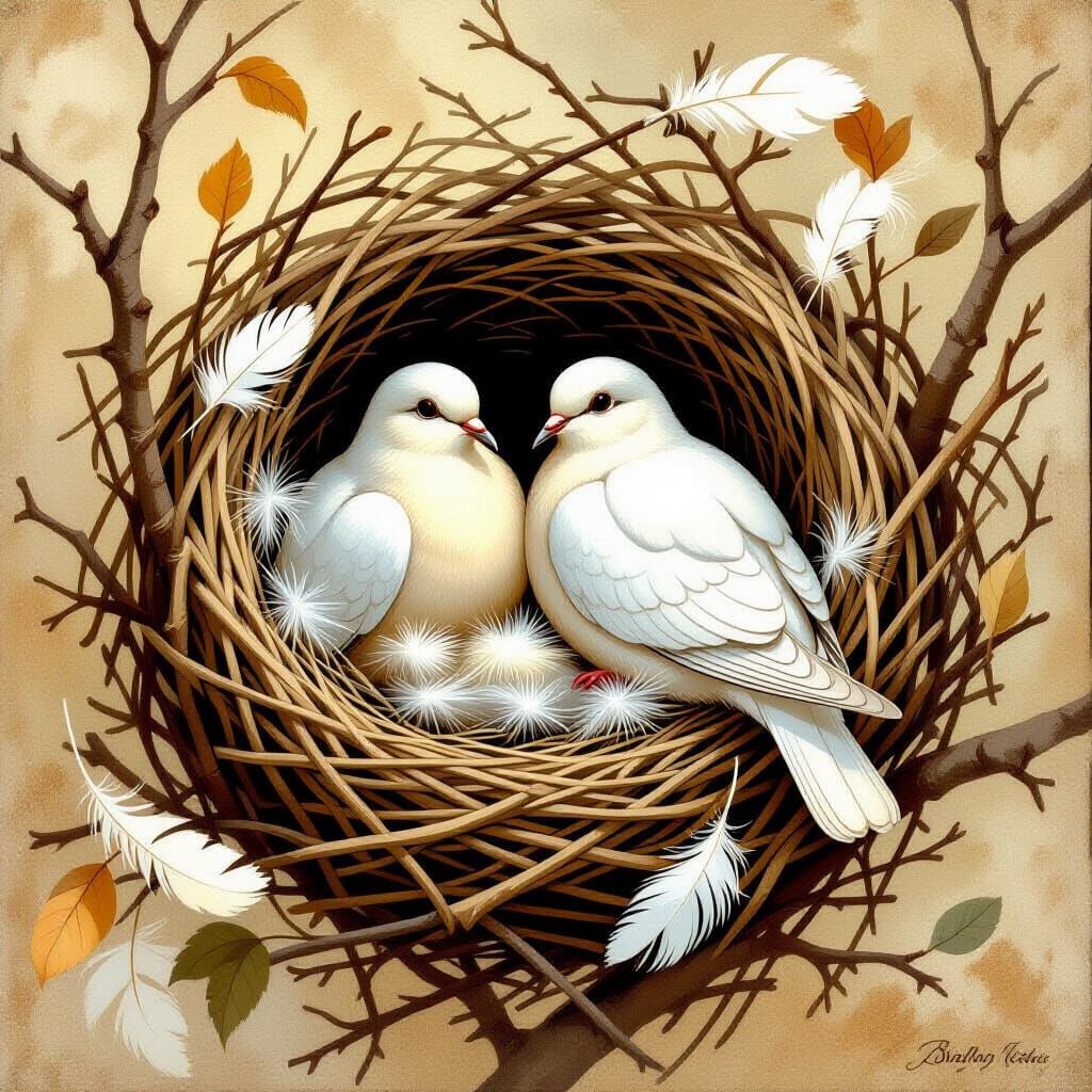 Doves Nestled in Woven Nest: Audubon Style