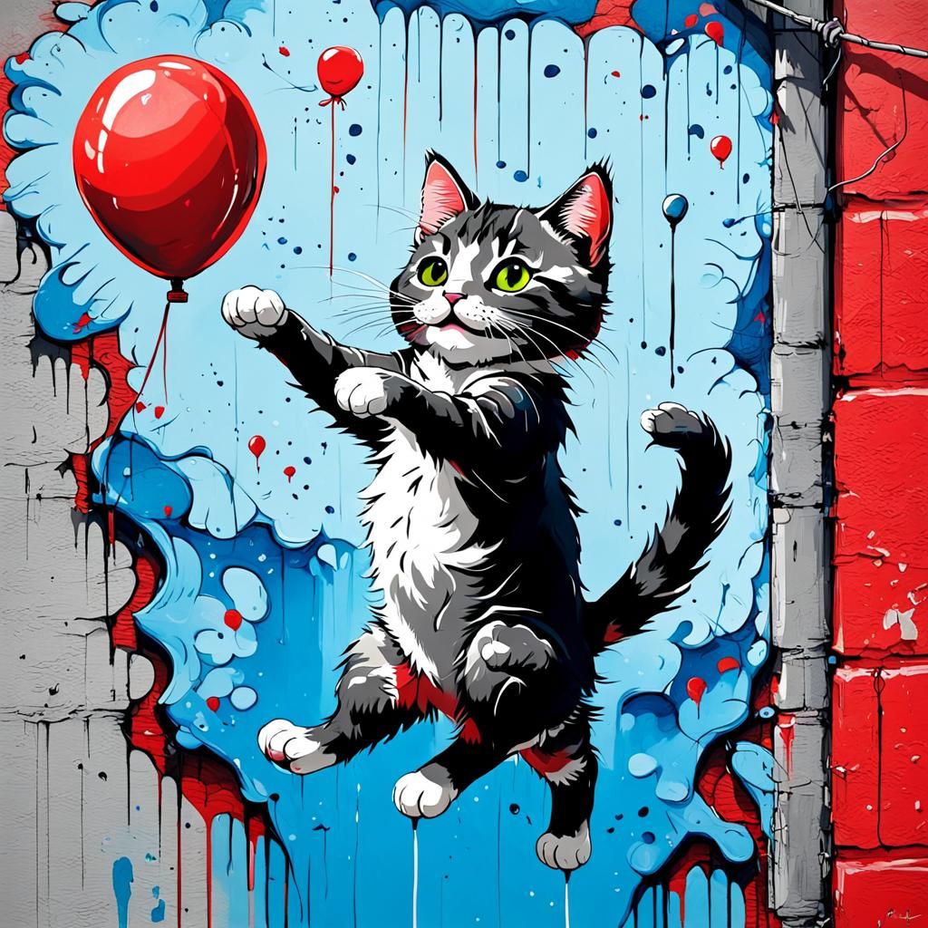 Cute Cat Graffiti Art with Red Balloon