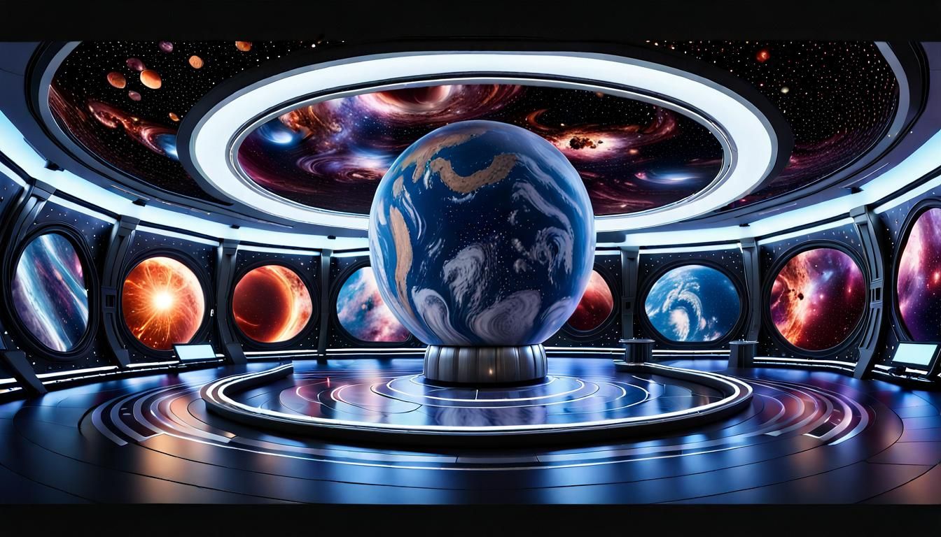 Create a hyper-realistic, high-resolution image of a large, circular room, centered around a colossal cylinder filled wi...